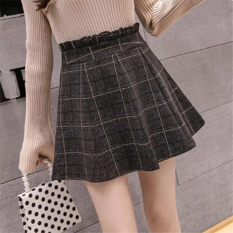 

Spring Autumn Printed Short Skirt Half Skirt A-line Skirt Lotus Leaf Waist Women's Plaid Bag Hip High Waist Versatile Black