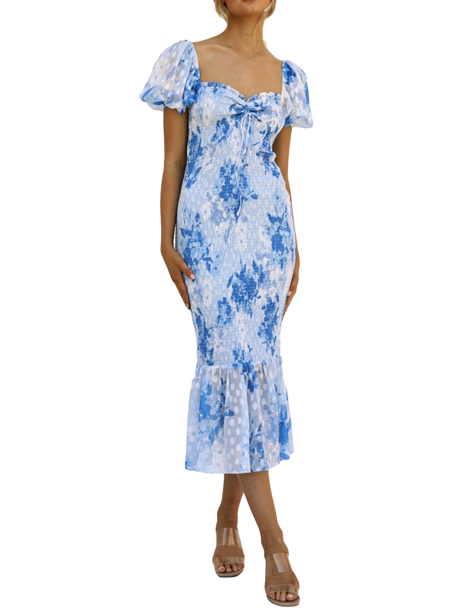 

Женское облегающее длинное платье Domingbub, летнее обтягивающее платье с коротким пышным рукавом, квадратным вырезом и цветочным принтом, коктейльное платье с рюшами