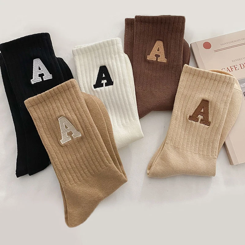 Embroidered Letter Cotton Socks Women Casual Long Korean Style Girl Students Japanese Fashion Socks Solid Color Cycling Sport