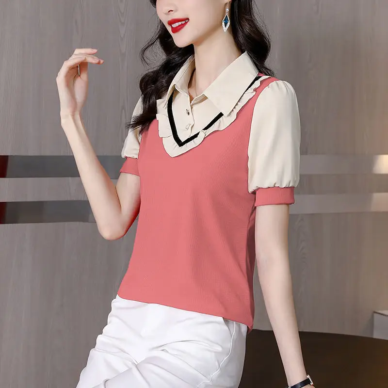 

Simplicity Commute Female Fake Two Pieces Polo-Neck Shirt Summer Office Lady Fashion Spliced Solid Color Blouse Women's Clothing