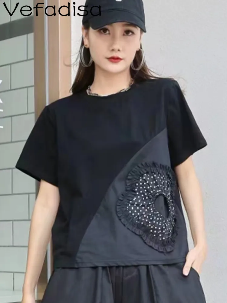 

Vefadisa 2023 Summer Three-dimensional Flower Patchwork Loose Round Neck Women Short-sleeved T-shirt Women Versatile Top LWL426