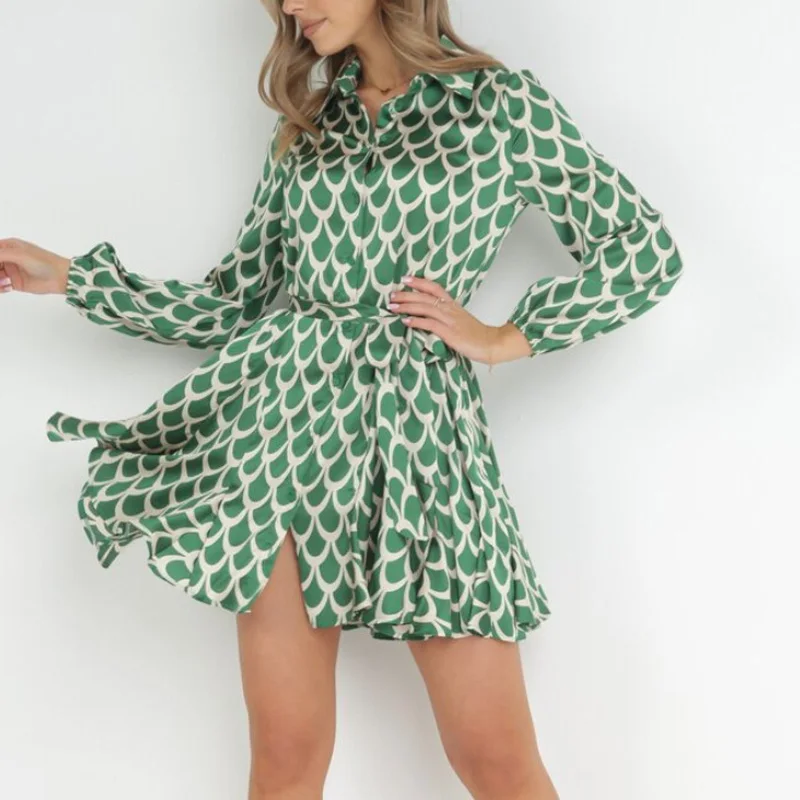 

Satin Retro Polo Neck Long Sleeve A-line Dress 2023 Fashion Women Single Breasted Lace Up Shirt Dress Casual Print Office Dress