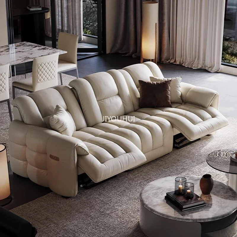 

High Quality Cream Clouds Reclining Sofa Leather Foam Sponge European Elegant Couch Relax Meditation Canape Salon Room Furniture