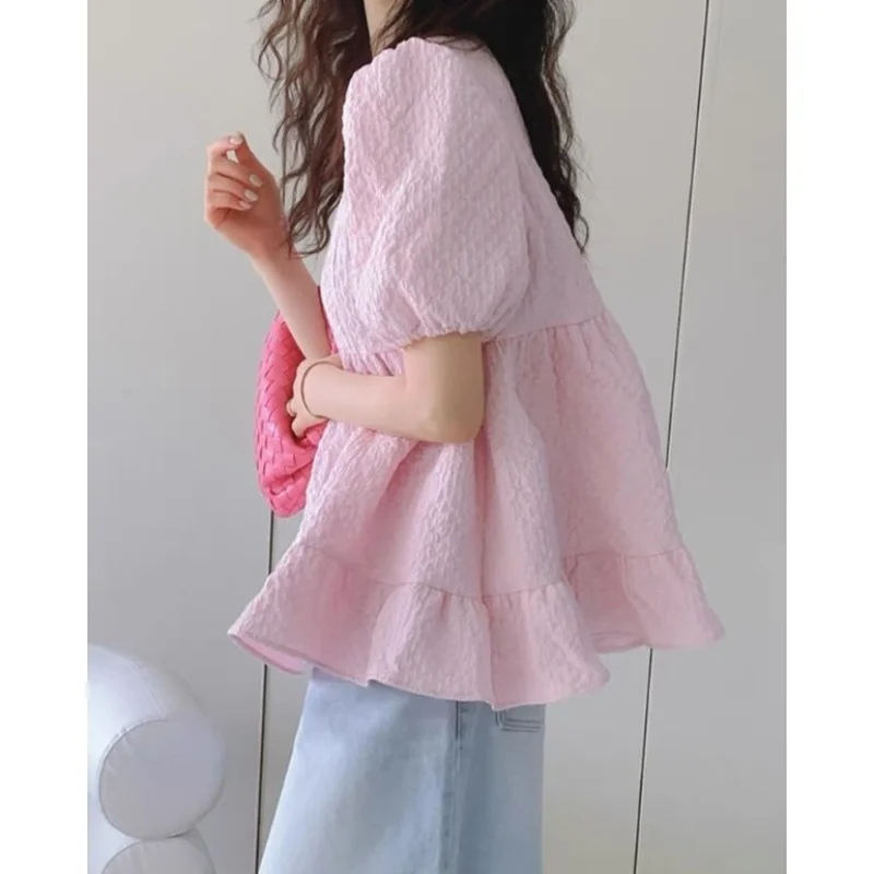 

Blusas Mujer De Moda Sweet Gentle Loose Korean Summer Fashion Round Puff Short Sleeve Pink Blouse Women Wild White Doll Tops