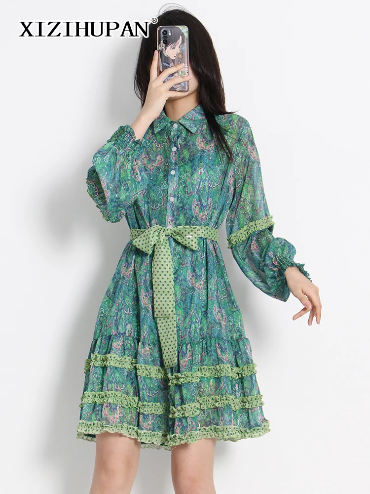 

XIZIHUPAN Print Patchwork Bowknot Dress For Women Lapel Long Sleeve High Waist Mini Dresses Female 2022 Summer Fashion Clothing
