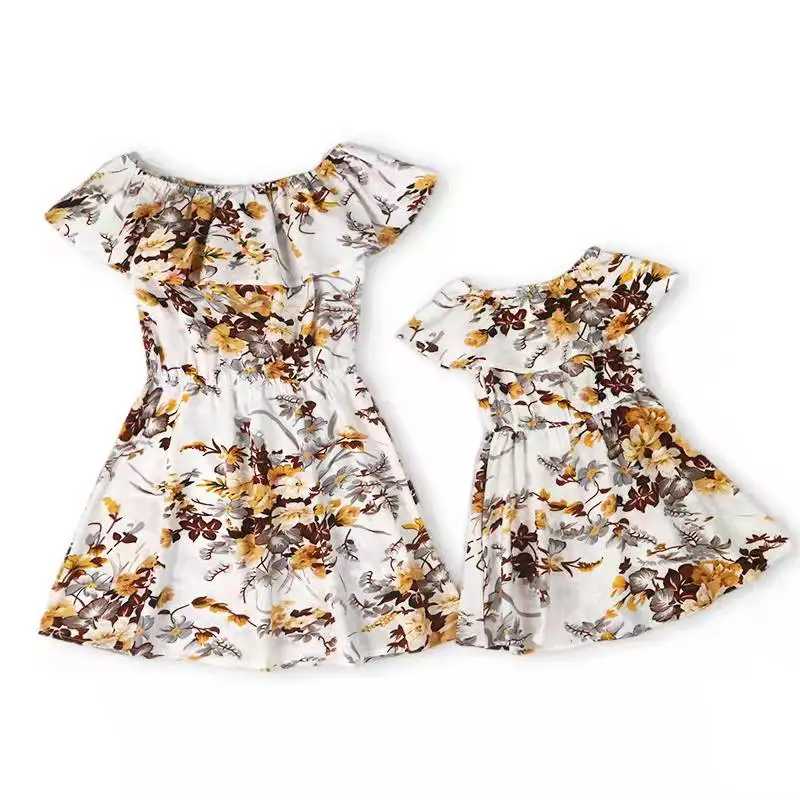 

Flower Mother Daughter Matching Dresses Family Set Shoulderless Mommy and Me Clothes Fashion Woman Girls Mom Baby Dress 2022