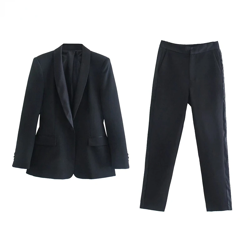 Women Fashion Black Slim Two Piece Set Long Sleeve Single Button Blazer with High Waist Pants Autumn Sets Terno De Duas Peças
