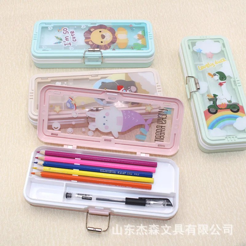 

0197 двухслойный пенал для канцелярских принадлежностей для мужчин и женщин с пряжкой, мультяшный пенал большой емкости, полупрозрачный пенал