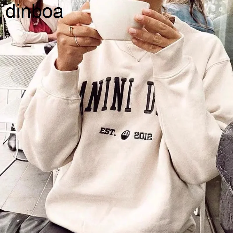 

Dinboa-2022 Women Loose O-neck Sweatshirt Letters Cotton Red Long Sleeves Casual Y2k Female Simple Sweaters 2022 Early New