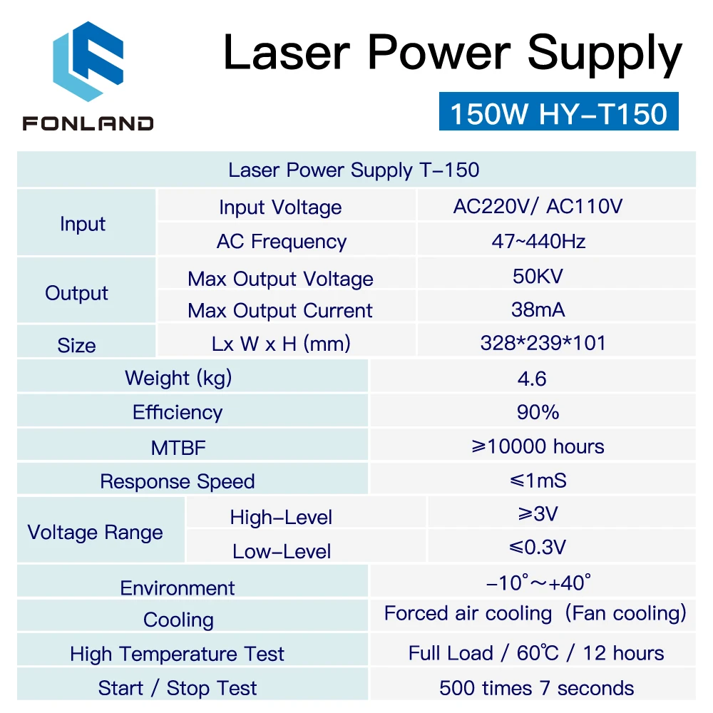 FONLAND 150W HY-T150 CO2 Laser Power Supply for CO2 Laser Engraving Cutting Machine HY-T150 T / W Series enlarge