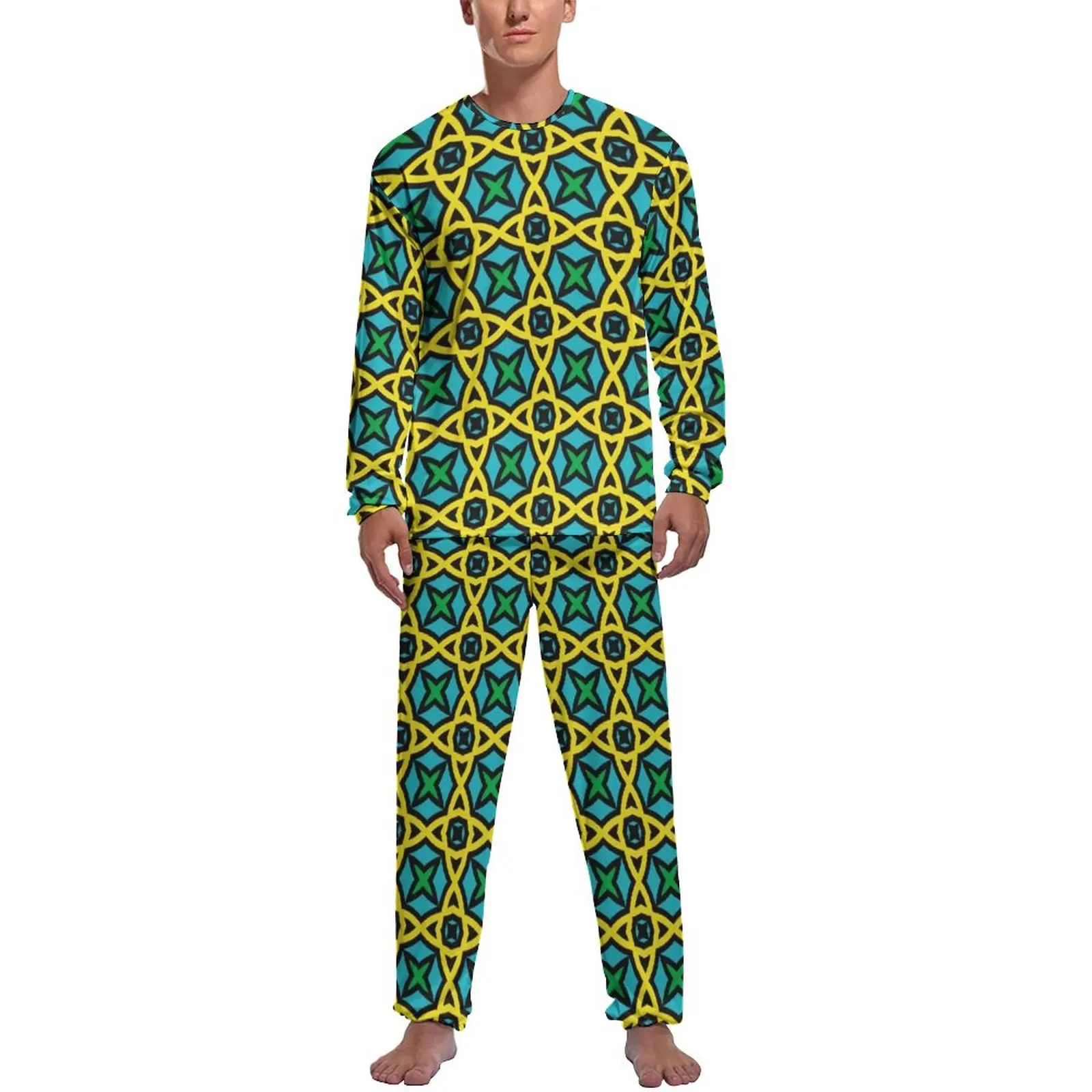 Colorful Geo Print Pajamas Long Sleeves Abstract Circles Two Piece Casual Pajama Sets Autumn Male Graphic Kawaii Nightwear