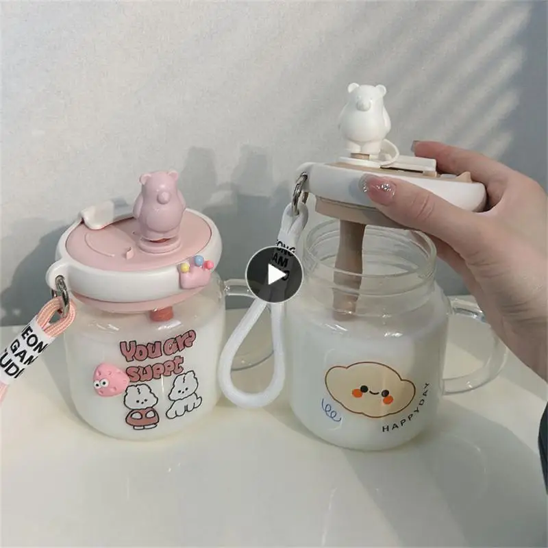

Cute Mixing Cup With Straw Coffee Cup With Handle High Capacity Large Capacity Cup Kettle Internet Celebrity Drink Cup Glass