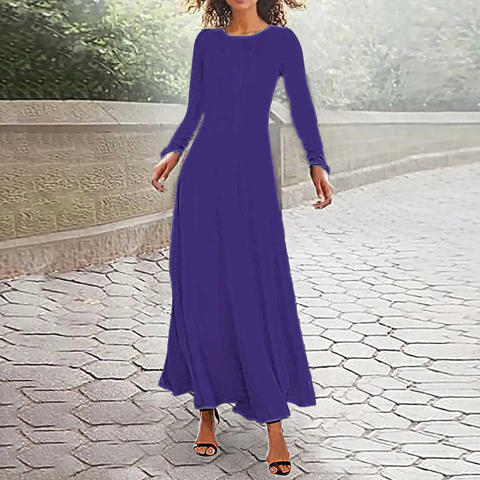 

Womens Casual Long Sleeve Crew Neck Flower Printed Loose Long Dress Boho Beach Long Sundress Denim Dresses Ladies Dress