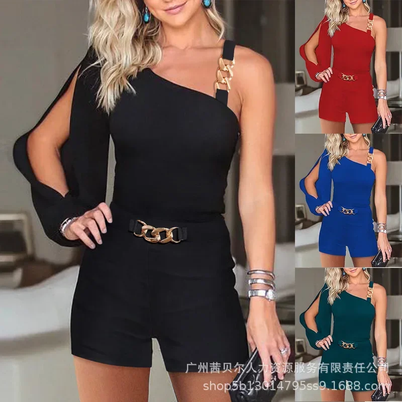 New Women's Short Sets Metal Chain Decoration Top and Pants Two-piece Set for Women