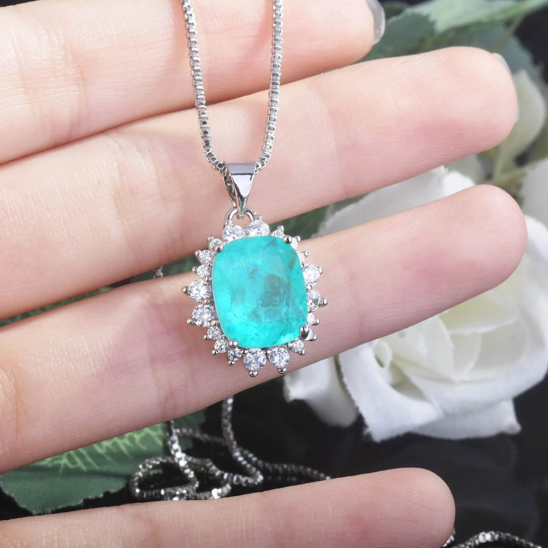 

Luxury 925 Sterling Silver Cushion cut Paraiba Tourmaline Simulated Diamond Gemstone Luxury Pendant Necklace Fine Jewelry