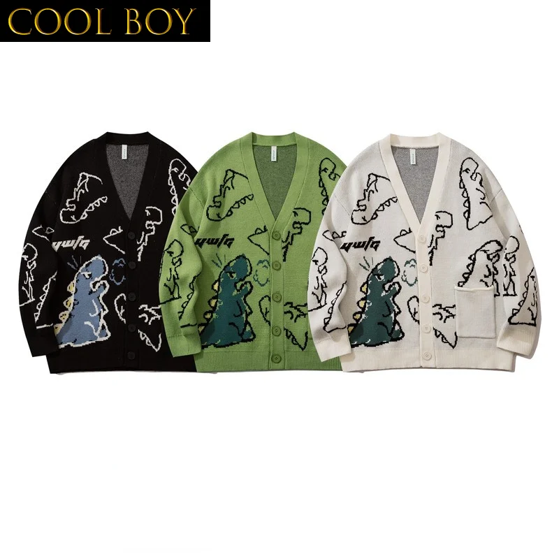 

J GIRLS Harajuku Dinosaur Pattern Cardigan Sweater Men Vintage Oversized Kawaii Coat Autumn Winter Loose Knitted Sweater