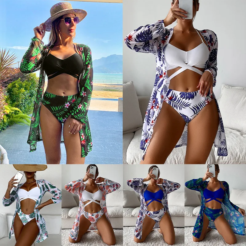 

New three piece chiffon flower kimono cardigan long swimsuit blouse bikini swimsuit women