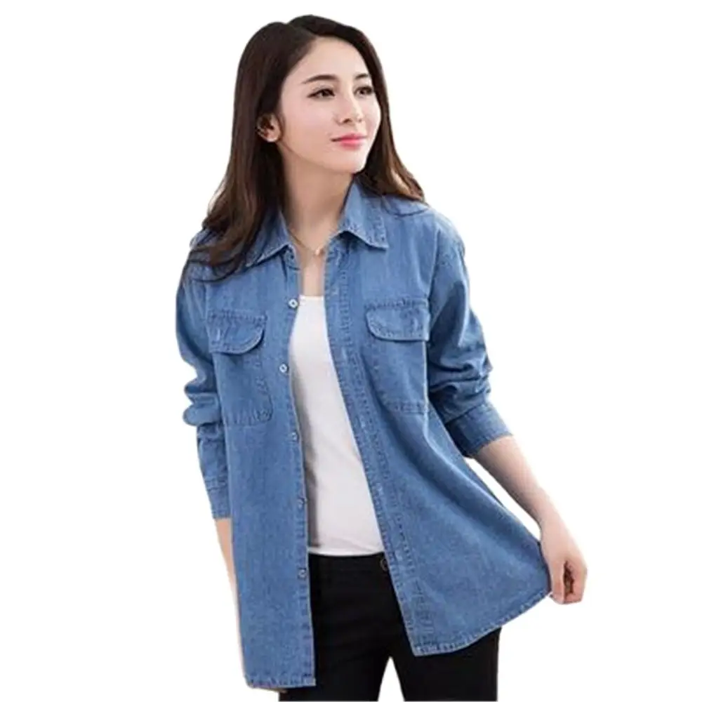 

Woman Spring Hot Sale Solid Full Turn-down Collar Denim Shirts Female Fall Summer Thin Cotton Single-breasted Blouse