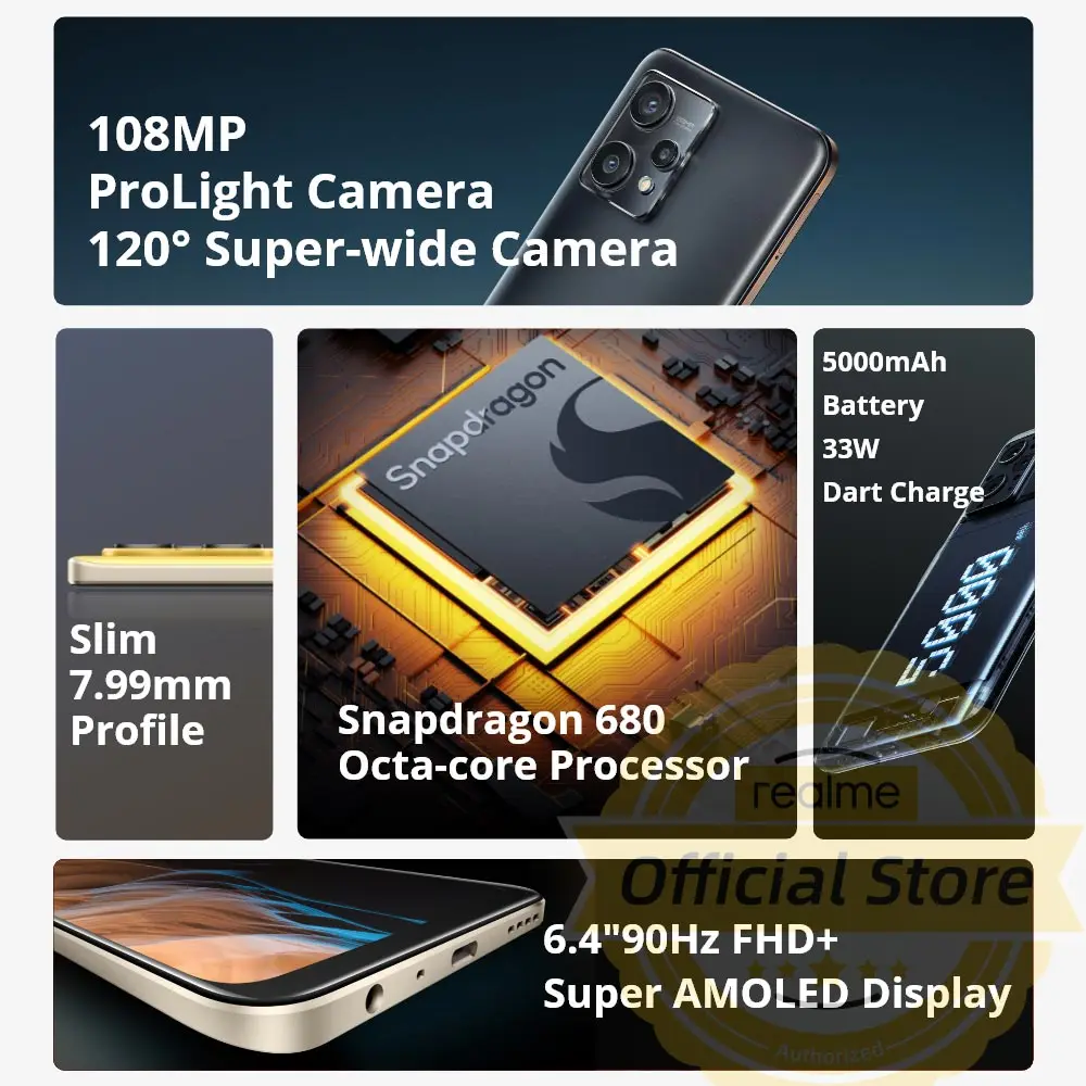 Kup Realme 9 Telefonów Komórkowych 90Hz Wyświetlacz AMOLED Snapdragon 680 Procesor 108MP Prolight Camera 5000mAh Baterii Telefonów Komórkowych Smartphone