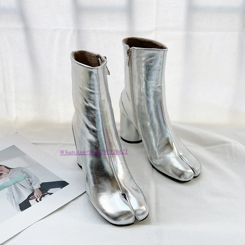 Horseshoe Split-Toe Boots Women's Fleece Warm Short Cotton Boots Side Zipper Chunky Heel High-Heeled Ankle Boots