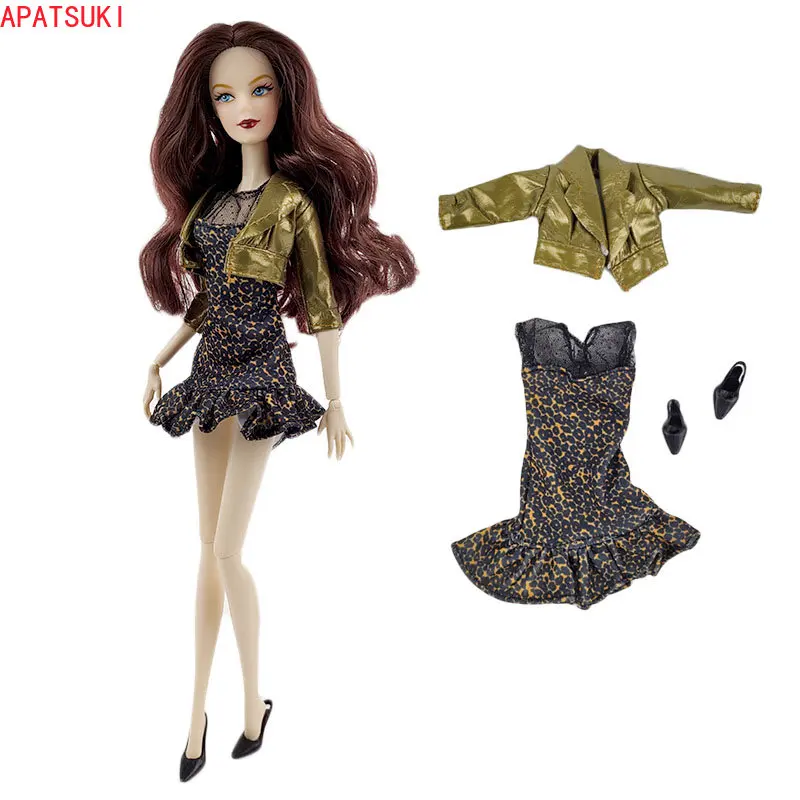 

Golden Jacket Fashion Clothes Set for Barbie Doll Coat Leopard Dress Shoes Outfits For Barbie 1/6 Dolls Accessories Kids Toys