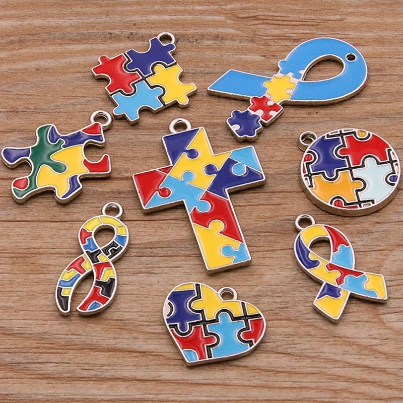

8 Pcs Color Puzzle Pendant Autism Charm Round Love for Cross Ribbon Square Penda