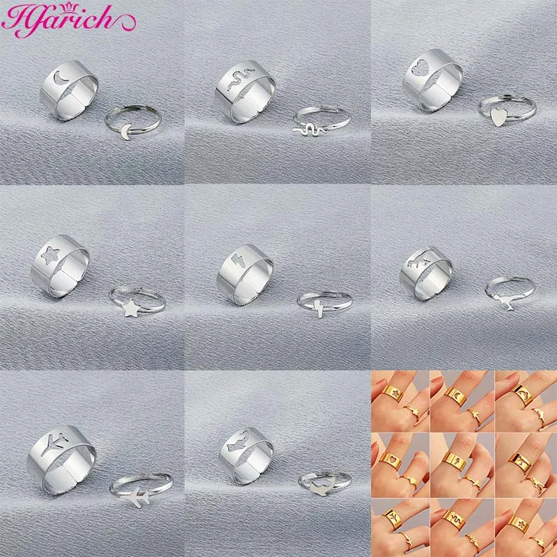 Кольцо для женщин "Луна и звезда" из нержавеющей стали, серебристого цвета, с сердцами, в комплекте 2 штуки. Характерный подарок для свадьбы и вечеринки.