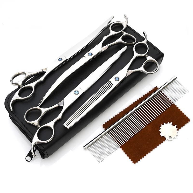 7-inchColored Stainless Steel Pet Scissors Set Straight Teeth Scissors Bend Scissors Pet Hair Trimmer Comb