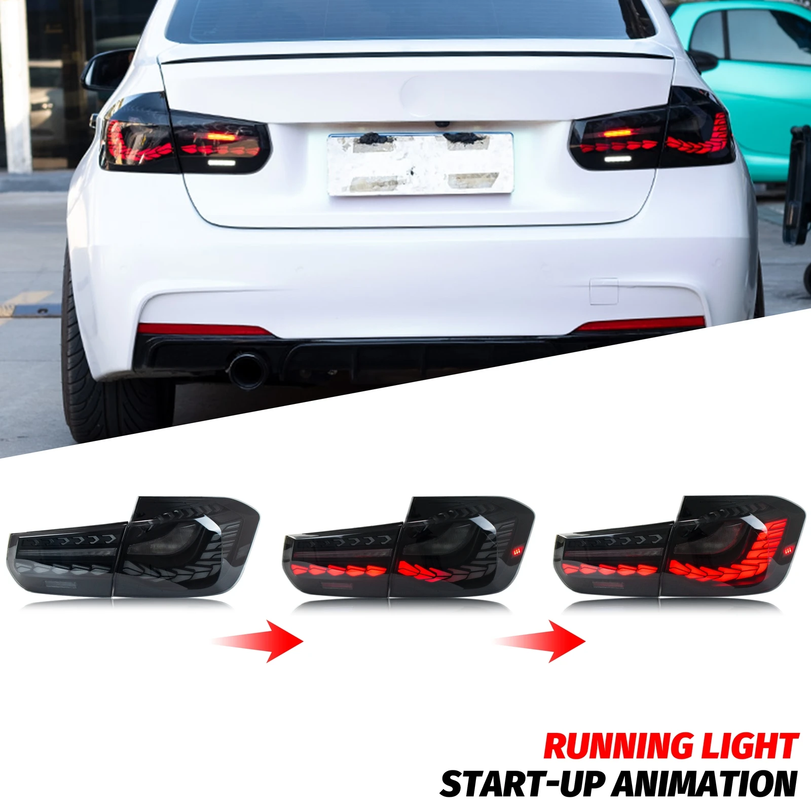 Фото Светодиодные задние фонари GTS для BMW 3-й серии F30 F80 M3 2011-2018 с последовательным сигналом поворота, анимацией при запуске, черные задние фонари в сборе №3