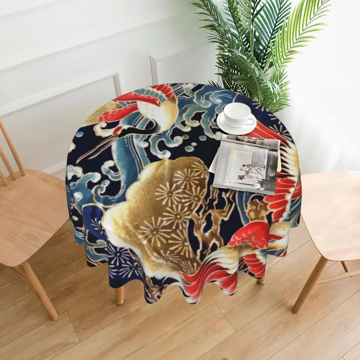 

Flying Cranes Table Cloth Flowers Sea Waves Red Tablecloths Polyester Oilproof Round Picnic Mat for Coffee Table Decorations