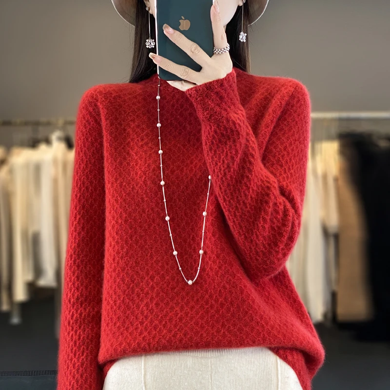 Женский вязаный свитер с полувысоким воротником однотонный свободный из 2024100%