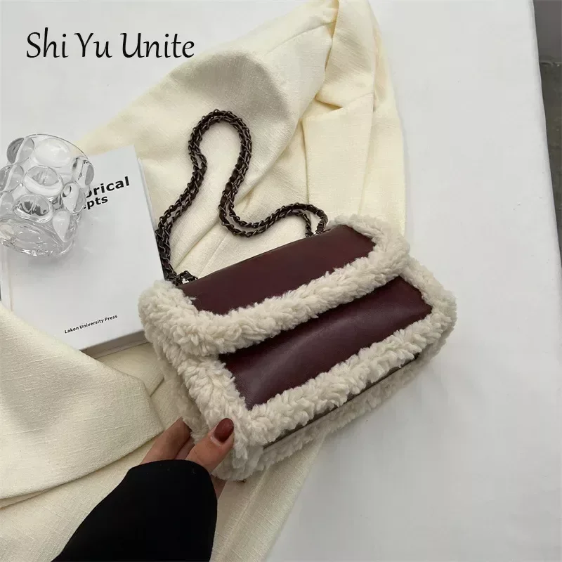 

Retro Faux Fur Lambswool Handbag Women's Luxury Designer Bag PU Leather Messenger Bags Ladies Tote Bag Purses Chain Shoulder Bag