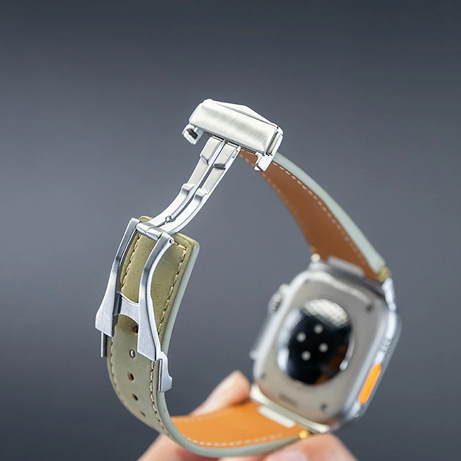 Фото Мужской кожаный ремешок для Apple Watch 11, 10, 9, 8, 6, 7, 3, SE с раскладывающейся застежкой, для серий Iwatch 42, 44, 45, 46, 49 мм, роскошные сменные ремешки №4