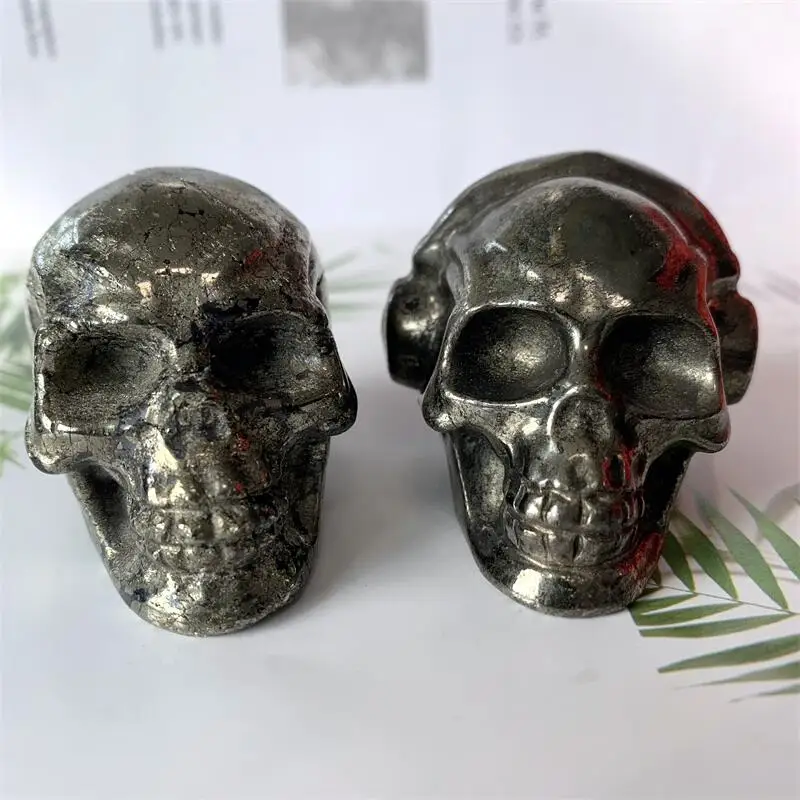 

Natural Pyrite Skull Stone Carved Chakra Healing Reiki Feng Shui Skull Decorative Crafts Minerals Room Decor 1pcs
