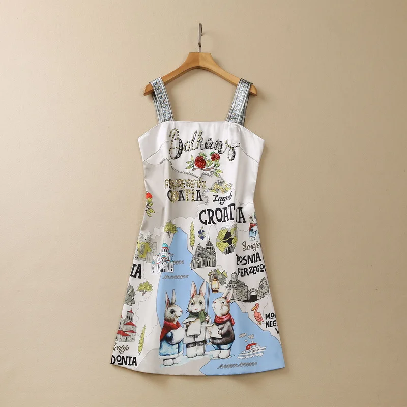 European and American women's clothes 2023 spring new sling Sequin monogram cartoon print Fashionable dress