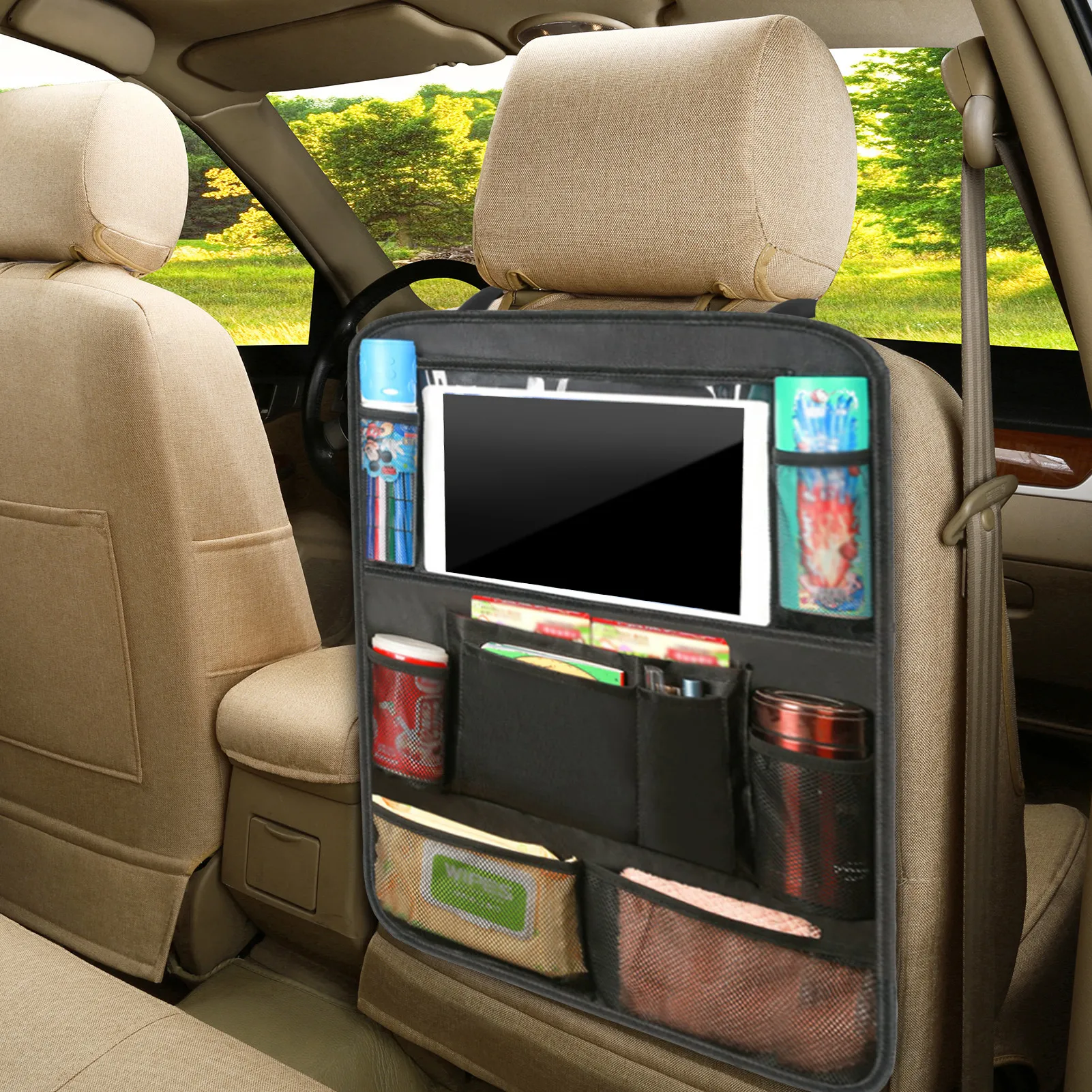 

Car Organizer with Transparent Tablet Holder Backseat Car Seat Organizer Waterproof Durable 10 Pockets for Car Travel Storage