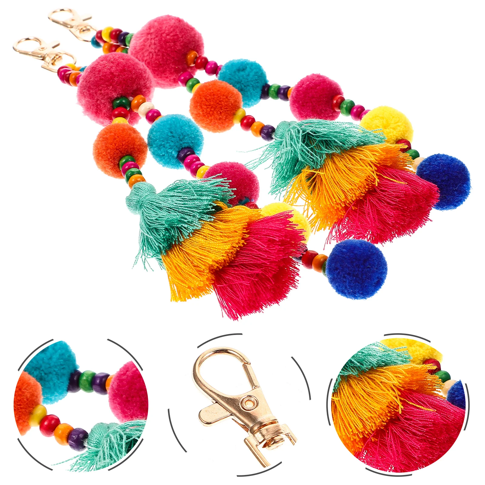 

2 Pcs Pom Ball Keychain Purple Car Accessories Bohemian Tassel Handbag Charms Rings Keys