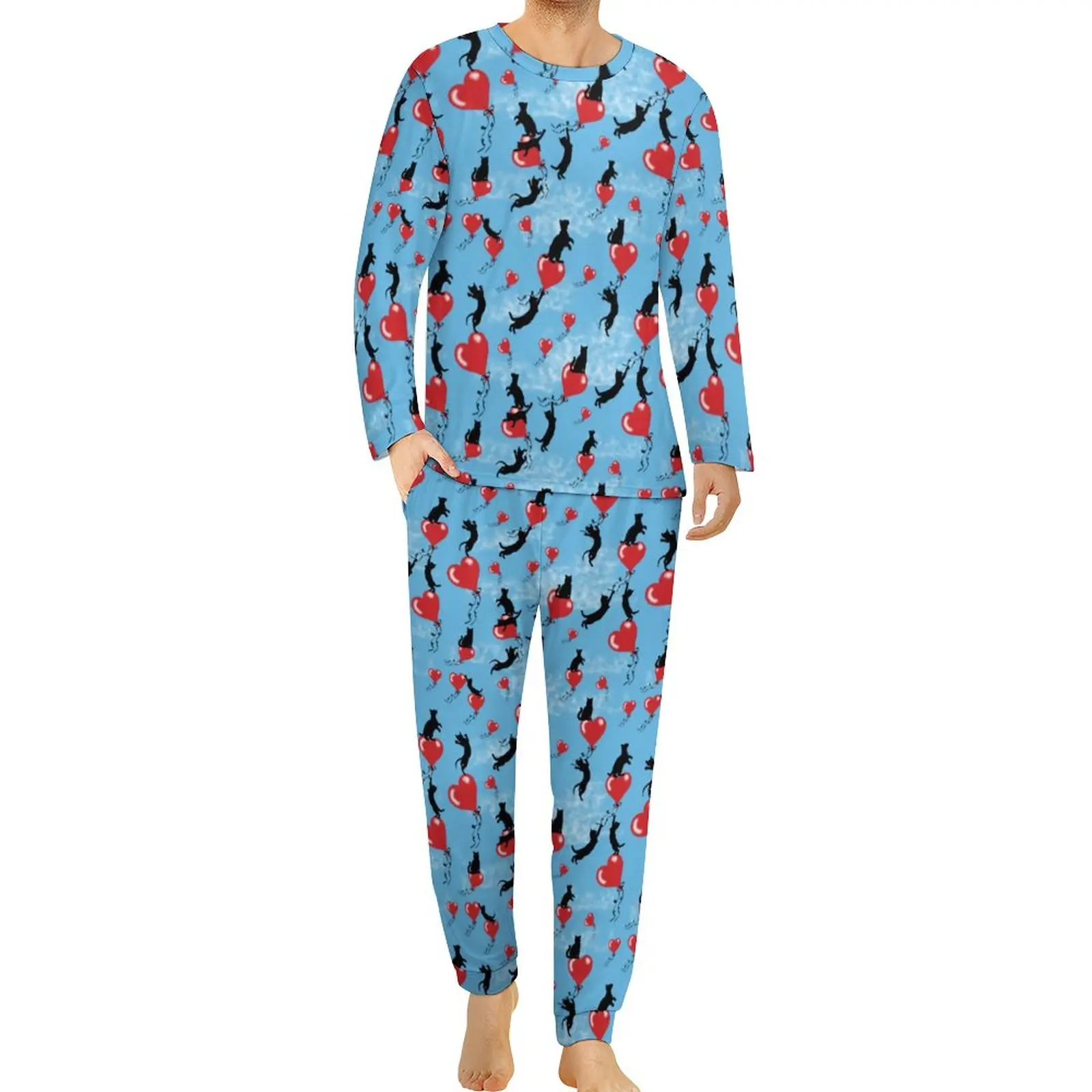 Flying Red Balloon Pajamas Black Cat Men Long Sleeve Cute Pajama Sets 2 Pieces Bedroom Spring Graphic Sleepwear Gift Idea