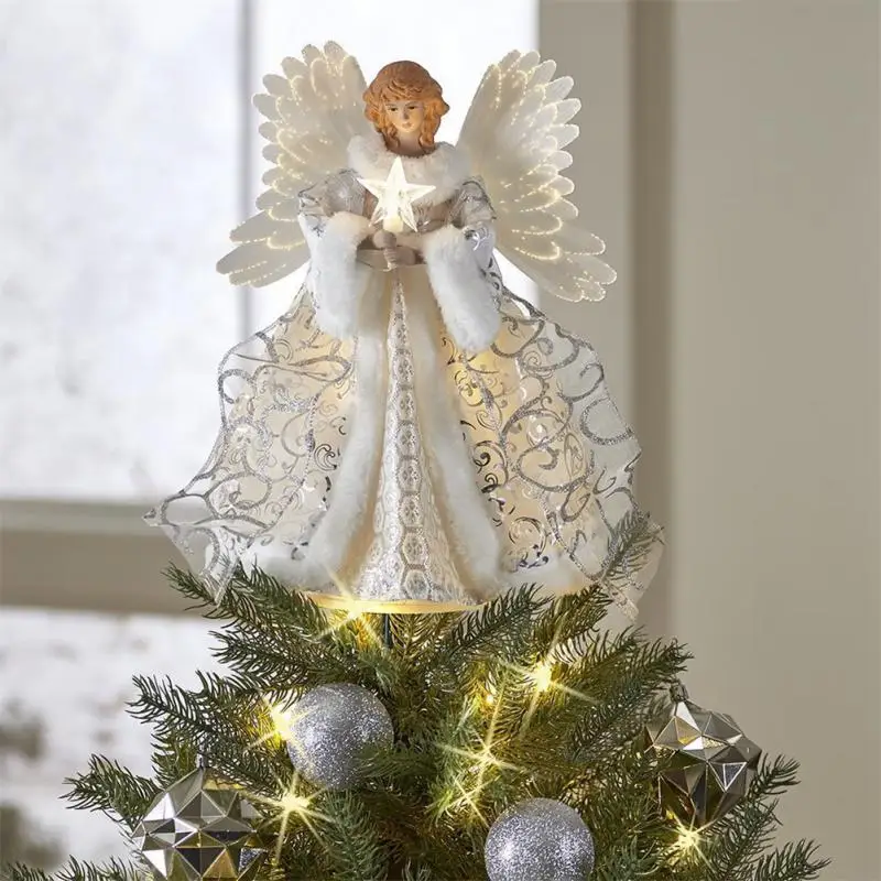 

2023 новогодние топперы для дерева, золотистый ангел, кукла, мама со звездой светодиодный светодиодные украшения, украшения для праздника, домашний Рождественский Декор