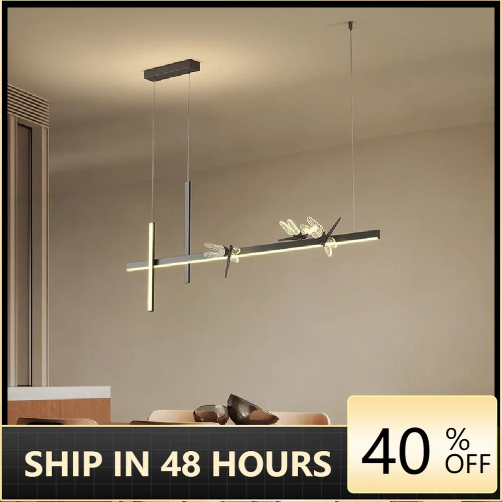 

Минималистичная современная светодиодная люстра, длинный светильник из железа черного/золотого цвета для столовой, ресторана, бара, кофейн...