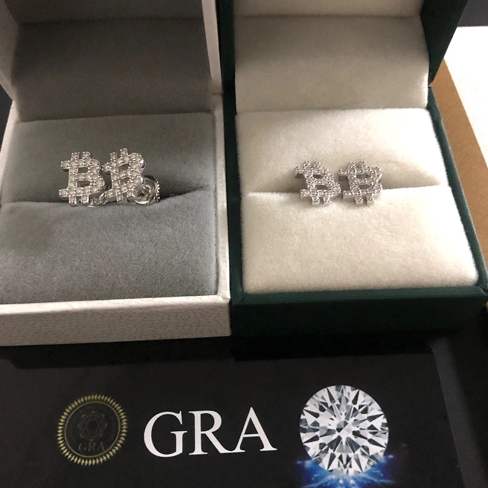 New Bitcoin Moissanite Earrings S925 Silver Real Diamond Ear Studs For Women Men Jewelry Pass Tester Come With GRA