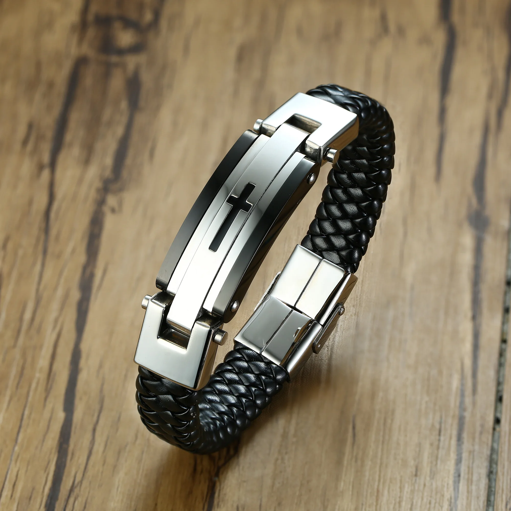 

Classic Bold Stainless Steel Braclets Magnet Buckle Charm Braided Genuine Leather Braclet Crook Men Cross Leather Friend Bangles