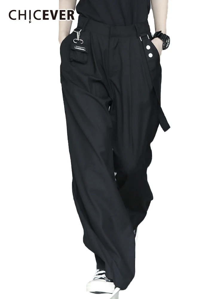 

CHICEVER Patchwork Metal Pant For Female Button Pockets Loose Plain Mid Waist Wide Leg Pants Women 2022 Spring Fashion Clothing