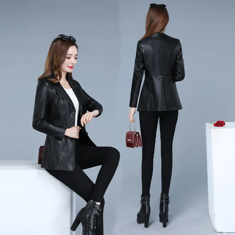 Burgundy Lady Clothes Long Autumn Winter Coat Short Leather Clothing Women's Suit Collar Slim PU Leather Jacket Women's