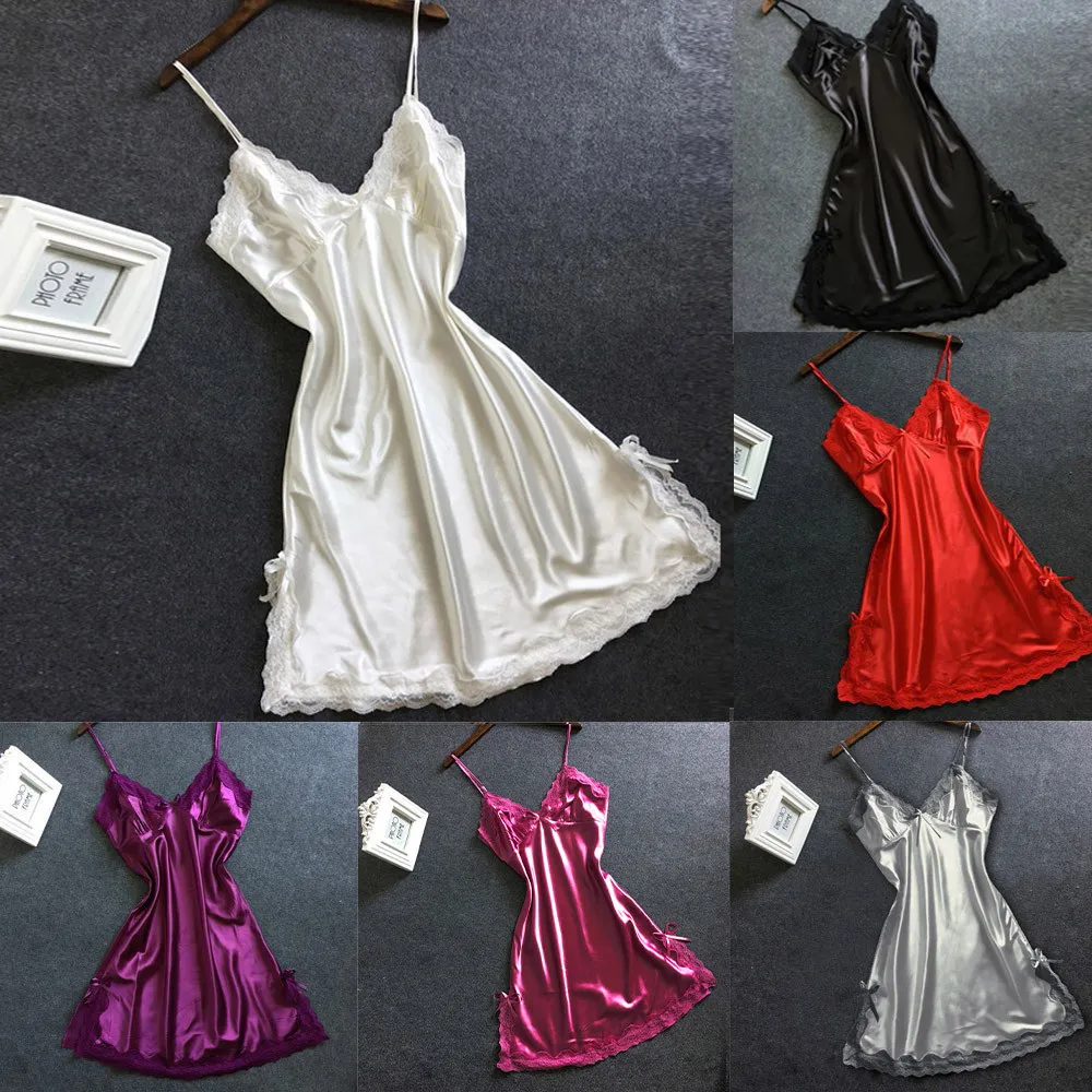

Ladies Sexy Silk Satin Night Dress Sleeveless Nightdress V-neck Nightgown Sexy Bowknot Lace Lingerie Sleepdress Underwear