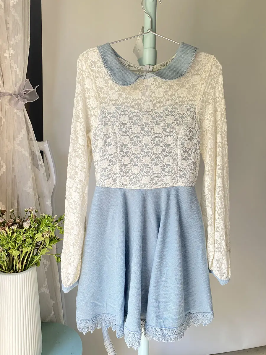 

SALES Japan Liz Lisa Whole Lace Peter Pan Collar Long Sleeve Tube Dress