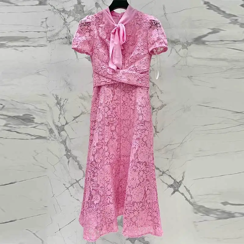 

Y2K Short Sleeve Pink Maxi Dress Fashion V-Neck Lace Up Design Hollow Out Lace Dresses Elegant Chic Women Solid Waist Up Clothes