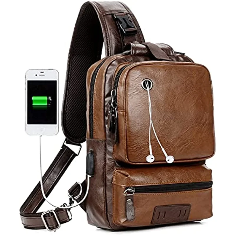 

Waterproof Chest Daypack Charging Shoulder Backpack for Men Women Sling Crossbody Backpack Shoulder Bag for Vintage PU Leather