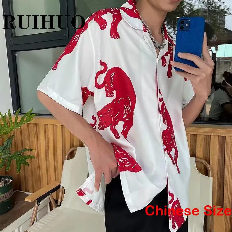 

RUIHUO Harajuku Print Male Clothes Shirts Men's Social Shirt Blouse Japanese Fashion Streetwear Economic Blouses 2XL 2023 Summer