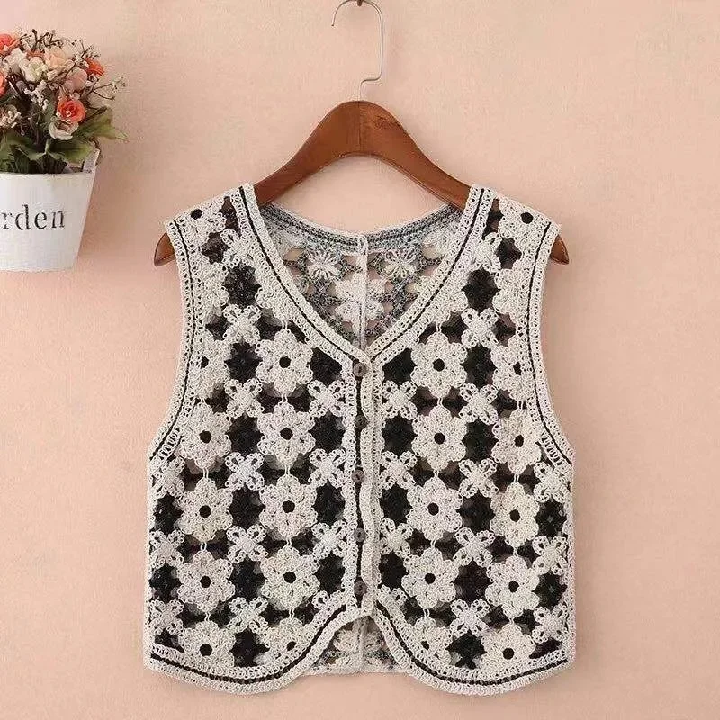 

Women Spring Hollow Out Vest Female 2022 Spring Autumn New Korean Cropped Slim Knit Tanks Waistcoat Vintage Fashion Camis Tops